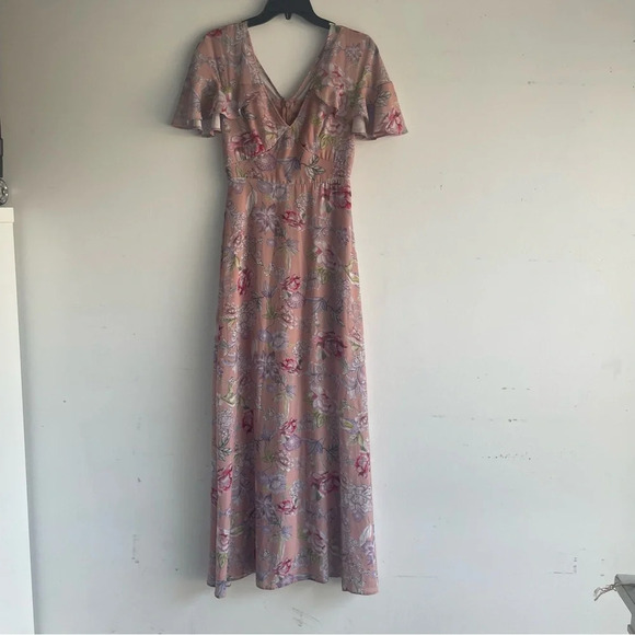 ASOS Peach Pretty Floral Print Ruffle Sleeve Maxi Dress Pink - 22253 - Picture 2 of 13